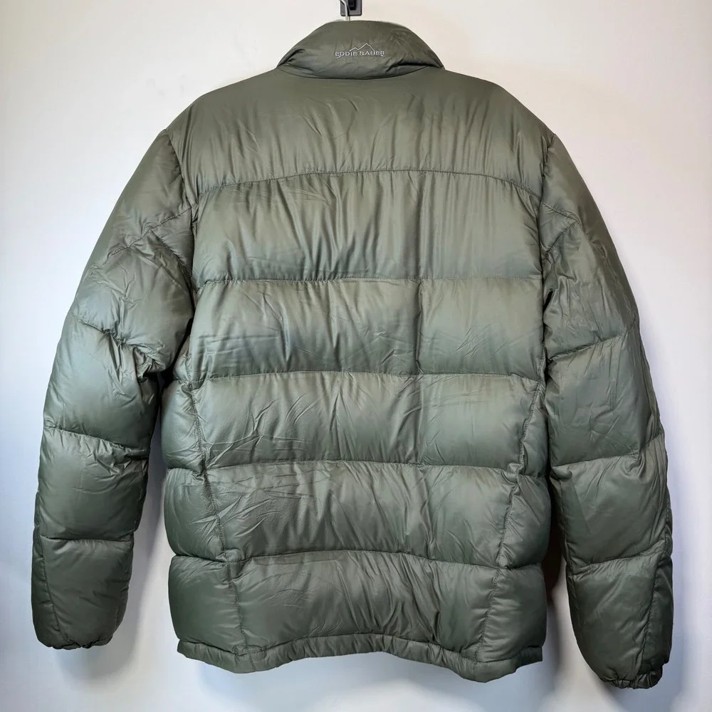 Eddie Bauer Puffer Jacket Mens Large Olive Green Goose Down‎ Ripstop Zip Hiking